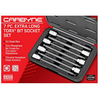 CARBYNE 7-Piece Torx Extra Long Bit Socket Set, T10 to T40, 3/8 in. Drive, S2 Steel Bits, CrV Sockets, Zinc Phosphate, 6.1 in. Length, Durable Case, Genuine Licensed Torx - style: Torx