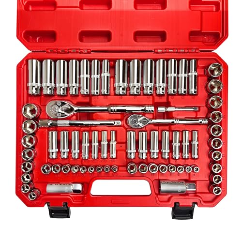 EACELIY 69pcs 1/4”&3/8"" Drive Impact Socket Set,Drive Master Socket Set,SAE/Metric, Deep & Shallow with Drive Head Ratchet,Drive Spark Plug Socket,Extension bar (3” & 6”),6 Point,CR-V Steel, Mirror - size: 69PCS 1/4&3/8inch