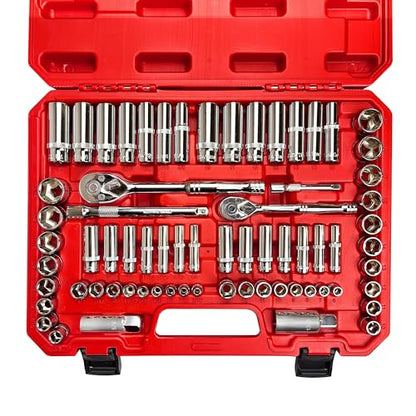 EACELIY 69pcs 1/4”&3/8"" Drive Impact Socket Set,Drive Master Socket Set,SAE/Metric, Deep & Shallow with Drive Head Ratchet,Drive Spark Plug Socket,Extension bar (3” & 6”),6 Point,CR-V Steel, Mirror - size: 69PCS 1/4&3/8inch