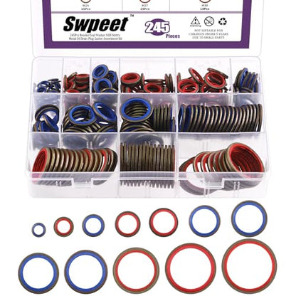 Swpeet 245Pcs 12Sizes 2Colors Self-Centred Dowty Seal Gasket O Ring Kit, Bonded Seal Washer NBR Metric Metal Oil Drain Plug Gasket Kit for Automotive M6 M8 M10 M12 M14 M16 M18 M20 M22 M24 M27 M30