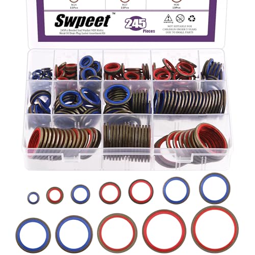 Swpeet 245Pcs 12Sizes 2Colors Self-Centred Dowty Seal Gasket O Ring Kit, Bonded Seal Washer NBR Metric Metal Oil Drain Plug Gasket Kit for Automotive M6 M8 M10 M12 M14 M16 M18 M20 M22 M24 M27 M30