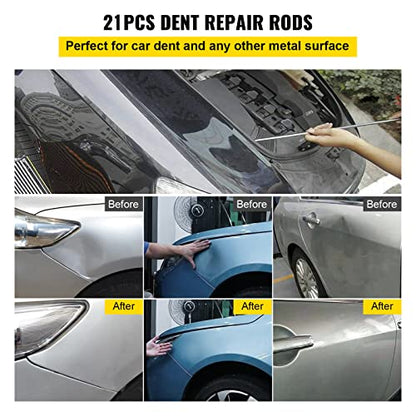 VEVOR Rods Dent Removal Kit, 21 Pcs Paintless Dent Repair Rods, Stainless Steel Dent Rods, Whale Tail Dent Repair Tools, Professional Hail Dent Removal Tool For Minor Dents, Door Dings And Hail Damage - style: 21 Pcs with 21 Rods