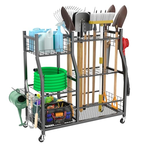 WALMANN Garden Tool Organizer with Wheels for Garage, Large Storage Capacity, Rakes/Shovels/Yard Tools Storage Stand for Shed, Garden, Indoor/Outdoor Long-Handled Tools Rolling Cart - style: Large-stand