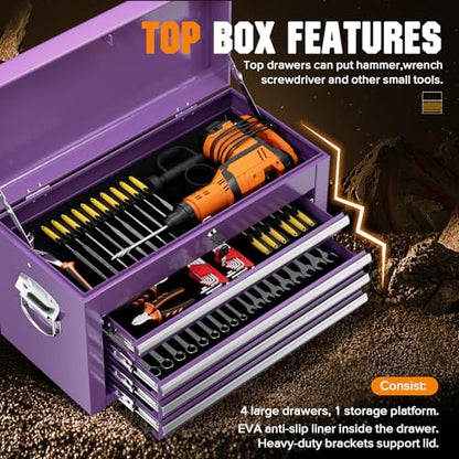 Oakcloud Heavy-Duty 5-Drawer Rolling Tool Chest & Cabinet Combo with Black Liner – Lockable Steel Garage Tool Box on Wheels – Detachable Top Toolbox & Bottom Storage Cart with Side Hooks, Purple - color: Purple, size: 5-drawer