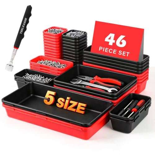 TOOLEAGUE 46Pcs & 5 Sizes Tool Box Organizer Tray Set with 15Lb Magnetic Pickup Pen,Drawer Organizer Bin, Garage Organization and Storage Workshop Rolling Tool Chest WorkBench Small Part(Black, Red) - size: 46Pcs with 15Lb Magnetic Pickup Pen