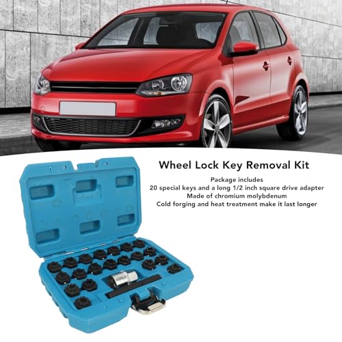 22pcs Wheel Lock Removal Tool Kit, 20 Different Sockets for Locking Lug Nuts, 1/2 Inch 85mm Socket Adapter, Chrome Molybdenum Steel Construction, Universal Automotive Lock Nut Remover Set