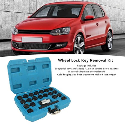 22pcs Wheel Lock Removal Tool Kit, 20 Different Sockets for Locking Lug Nuts, 1/2 Inch 85mm Socket Adapter, Chrome Molybdenum Steel Construction, Universal Automotive Lock Nut Remover Set