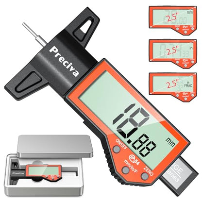 Preciva Tire Tread Depth Gauge, Digital Tire Depth Gauge with Large LCD Display and Inches, Millimeters, Fraction Conversion, Tread Depth Gauge Suitable for Thread Depth, Brake Shoe and Pad Wear - color: Orange