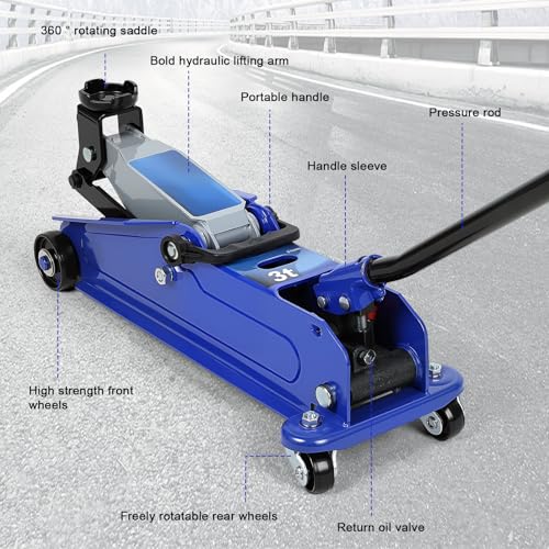 3 Ton Floor Jack, Heavy Duty Steel Car Jack with Single Piston Rapid Lift, 3.3" to 18.5" Lifting Range,Ultra Low Profile Floor Jack with Foot Pedal, Hydraulic Jack for Cars, Trucks, SUVs, Safety
