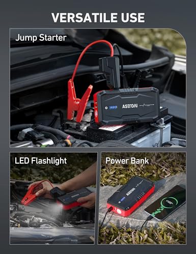 AstroAI S8 Car Battery Jump Starter, Car Jumper Starter Battery Pack for Up to 6.0L Gas & 3.0L Diesel Engines, 12V Portable Jump Box with 3 Modes Flashlight and Jumper Cable (Red) - color: Red - 1500A (S8)