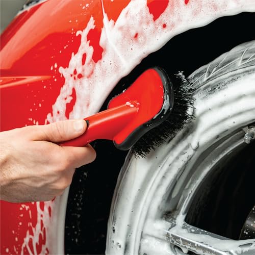 Mothers Tire Brush and Wheel Cleaning Brush for Car Detailing, Stiff Bristles for Tires, Wheels & Rubber Sidewalls, Ergonomic Non-Slip Handle, Car Wash Brush for Auto, Motorcycle, RV & Truck, Red