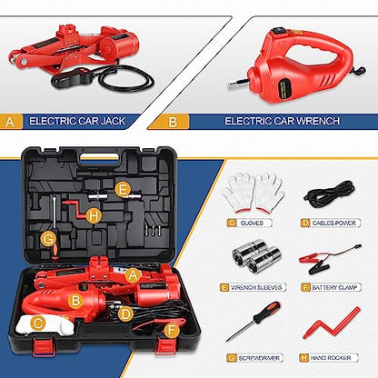 Auto Dynasty Electric Scissor Jack Kit, 3 Ton (6614LBS) Steel Leveling Scissor Car Jacks, Lifting Range 13.7" (Max) to 4.7" (Min) Scissor Lift Jacks with Screw Rod and Powerful Impact Wrench Kit, Red