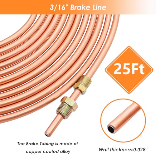 25 ft 3/16inch Copper Coated Brake Line Kit(Includes 24 Fittings and 4 Unions) with Double & Single Flaring Tool Kit - size: 3/16 Inch Gold, style: Brake Line Kit