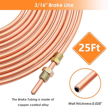 25 ft 3/16inch Copper Coated Brake Line Kit(Includes 24 Fittings and 4 Unions) with Tube Bender and Double & Single Flaring Tool Kit - size: 3/16 Inch Gold, style: Brake Line Kit & Tube Bender