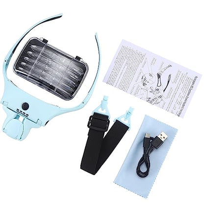 YOCTOSUN Magnifying Glasses with Light for Close Work, Head Magnifier with 4 LED Lights and 5 Detachable Lenses 1X to 3.5X,Rechargeable Hands Free Headband Magnifier Glasses for Crafts, Hobby - color: Light Blue