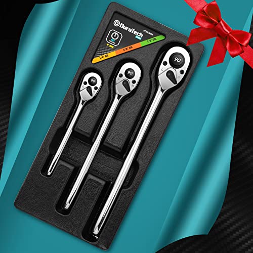 DURATECH 3-Piece Ratchet Set, 1/4", 3/8", 1/2" Drive | 90-Tooth, Quick-release, Contour Handle for Better Grip, Alloy Steel, Organized in Plastic Tray - style: Contour Handle