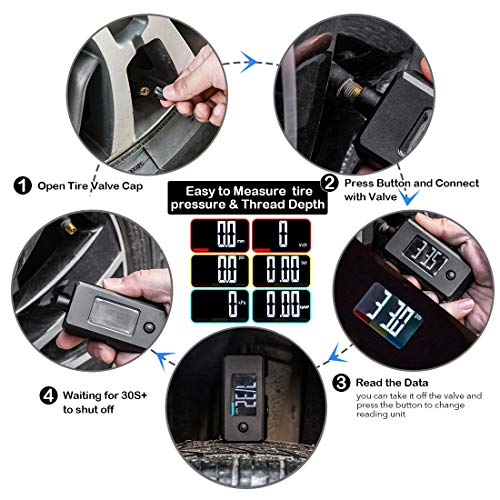 CZC AUTO Digital Tire Pressure Gauge Reader Checker 2 in 1 Accurate Digital PSI Tire Gauge with Tread Depth Gauge Backlit LCD for Car Truck Bicycle Motorcycle, Non-Slip Grip, 0-100 PSI