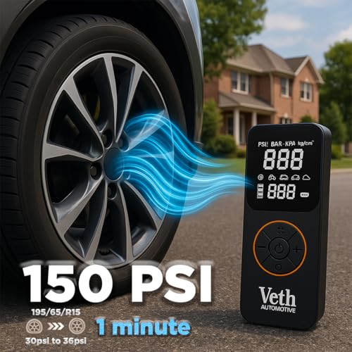 VT05 Portable Tire Inflator, 150 PSI Cordless Air Pump | 2500mAh, Triple Battery, Auto Shut-Off, LED Display, USB-C Out, for Car Motorcycle Bike Balls, Inflates in 1 Min