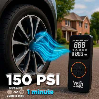 VT05 Portable Tire Inflator, 150 PSI Cordless Air Pump | 2500mAh, Triple Battery, Auto Shut-Off, LED Display, USB-C Out, for Car Motorcycle Bike Balls, Inflates in 1 Min
