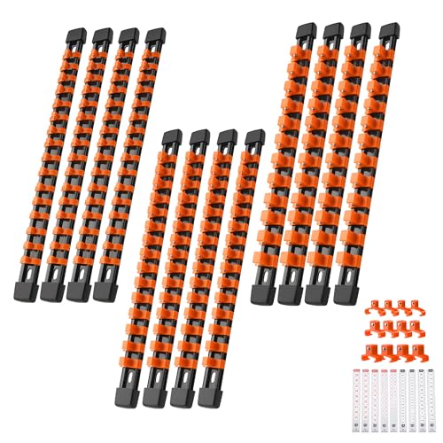Reniteco 12-Pack Socket Organizer Set, 1/4" x 64 3/8" x 60 1/2" x 48 Clips | 172 Clip Capacity, Havy-Duty ABS Socket Rails, Removable Clips, Drive Socket Storage, Toolbox Drawer or Wall Mount - color: Orange, size: 12 Pcs