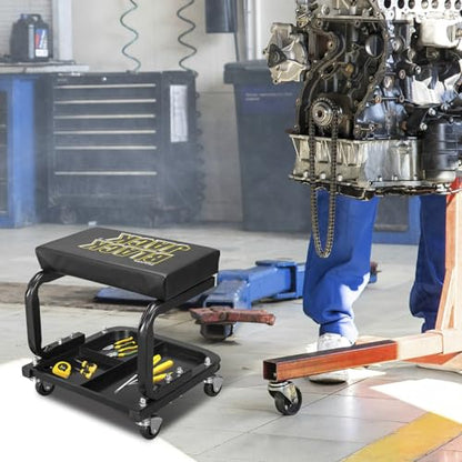 Torin 250lb Rolling Automotive Creeper Garage/Shop Seat: Padded Mechanic Stool with Tool Large Tray Suitable for garages, Repair Shops,Black