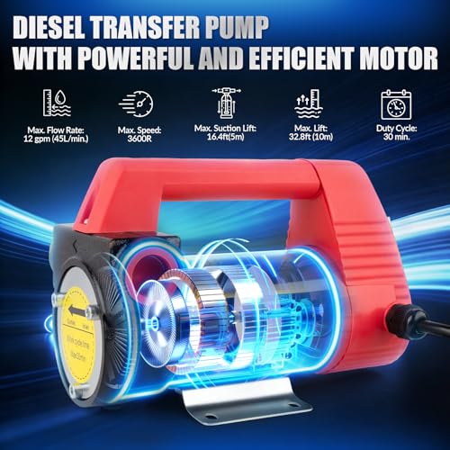 12V DC Diesel Transfer Pump Kit, Loksun 11.9 GPM Electric Fuel Pump with Nozzle & Hoses for Transferring Diesel, Kerosene, Machine and Transformer Oil