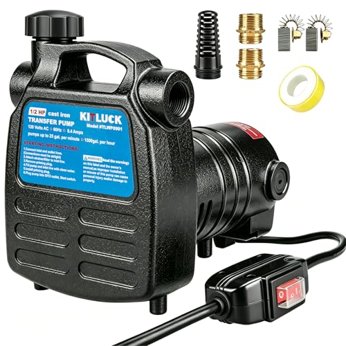 Water Transfer Pump, KITLUCK 120V 1/2 HP 1500GPH Cast Iron Portable Electric Utility Water Pump, Heavy Duty High Pressure Transfer Pump with ON/OFF Switch, Suction Strainer and Brass Connectors - style: 1/2HP