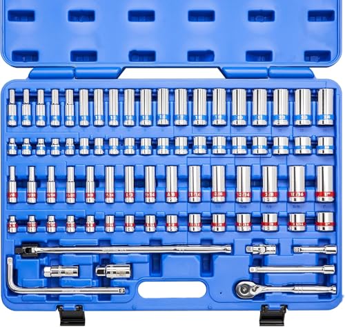 Neiko 02472A 3/8-Inch-Drive Colored Mechanics Tool Ratchet, Socket Set, 76-Piece Standard and Deep SAE Sizes 1/4" to 1" Metric Sizes 6 mm to 24 mm Made with CrV Steel for Auto Repair - size: 3/8" Drive, style: SAE and Metric