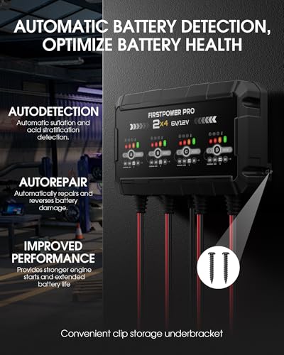8A 4-Bank Car Battery Charger (2A/Bank) - 6V & 12V Automatic Trickle Charger, Motorcycle Battery Maintainer & Desulfator with Overcharge & Temperature Compensation – for Lead Acid, AGM, Gel, LiFePO4