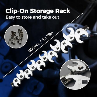 3/8" Drive SAE Flare Nut Crowfoot Wrench Set (3/8"-1")- 11 Piece | CR-V Steel | 5 Point Grip | 5mm Ultra-Thin | Clip-on Organizer | Access for Tight Spaces Bike Automotive Appliance Repair - style: Flare Nut - SAE