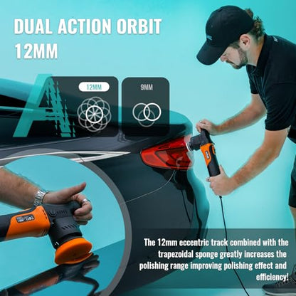 AUTIWOZ Carbon Fiber Mini Car Buffer Polisher, 630W Copper Motor 12mm Orbit, 2&3Inch Dual Action Polisher for Car Detailing, 2500-7000RPM with Soft Start, 3M Corded Auto Electric Polishing Machine - size: k2