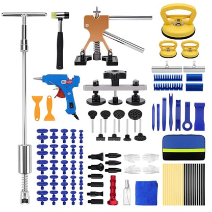 128Pcs Paintless Dent Puller Kit Auto Refrigerator Door Ding Removal Tools | 2-in-1 Slide Hammer T-Bar, Easy DIY Operation, Car Door Dents, Professional Use