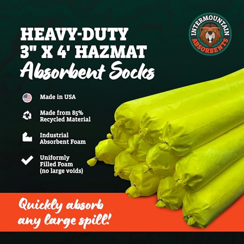 Hazmat Universal Absorbent Socks- 3"x4' (12 Pack) 1 Gallon per Sock- Yellow Oil Absorbent Sock, Water Socks, Flood Barriers for Home, Garage Flood Barrier Spill Containment - size: 3"x4' (12 Pack)