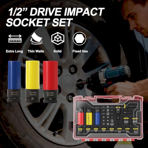 35-Piece Socket Bit Set, 1/2" Drive Nut Socket Set, Metric17、19、21 | 6 spline lug nut socket - size: 35PCS-Socket Bit Set