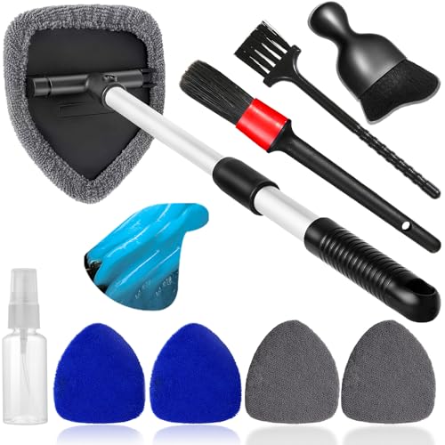 Qydipclin 10pcs Windshield Cleaner Tool, Car Window Cleaning Wash Kit with 4 Reusable Microfiber Pads 1 Spray Bottle and Extendable Handle Auto Glass Wiper Kit, Blue&Gray - color: Blue & Gray