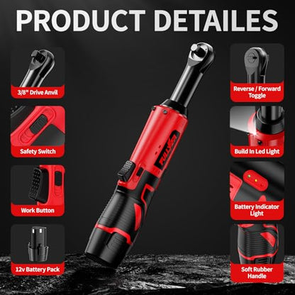 FULLYEA Electric Ratchet Wrench Set, 380 RPM Cordless Ratchet Wrench, 3/8" 12V Power Ratchet Tools with 7 Sockets, LED Light, 2 Packs 2.0Ah Battery and Fast Charger