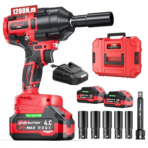 Cordless Impact Wrench, 1/2" impact gun, 1200N.m (900ft-lbs) High Torque Electric Impact Driver, 21V Brushless Electric Impact Wrench with 4.0Ah Li-ion Battery,3000RPM Impact Drill for Home Car Tires - color: Red