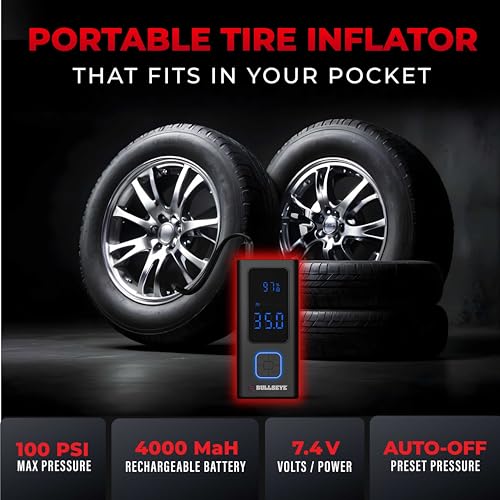 POCKET AIR Tire Inflator Portable Air Compressor by BULLSEYE for Tires, Balls, Bike with Persta Valve, Auto Shut Off, Inflates in 2 Min, Cordless Rechargeable 4000MAH,100 PSI, SoS Light - style: Original