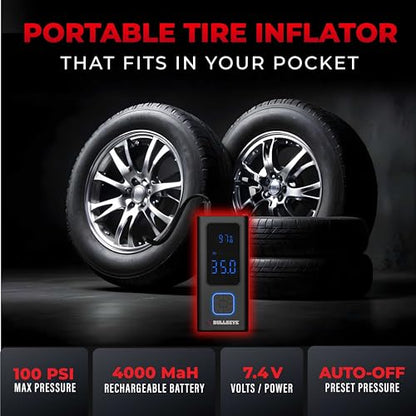 POCKET AIR Tire Inflator Portable Air Compressor by BULLSEYE for Tires, Balls, Bike with Persta Valve, Auto Shut Off, Inflates in 2 Min, Cordless Rechargeable 4000MAH,100 PSI, SoS Light - style: Original