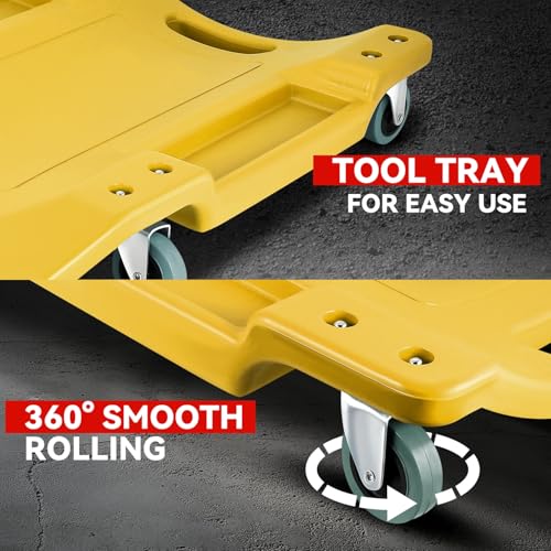 Auto Dynasty 40 Inches Mechanic Creeper, Automotive Garage Repair Low Profile Under Car Rolling Creeper with Padded Headrest, Plastic, Yellow - color: Yellow, size: 40" L