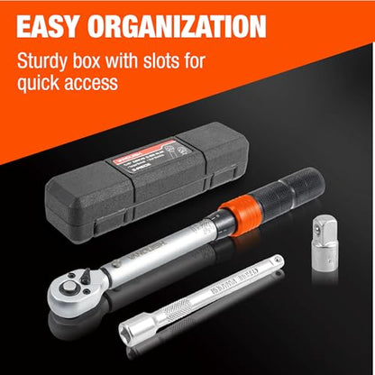 Vanquish 1/2-inch Drive Torque Wrench with 5" Extension Bar and 1/2" to 3/8" Adapter, 72-tooth, 20-170 FT.LB/27.1-230.6 Nm, ±3% High Precision, 1600AM - size: 1/2-inch Drive