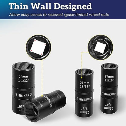 Flip Lug Nut Removal Tool, 5 Piece Wheel Lock Remover Kit | 1/2 Inch Drive Lug Nut Extractor Set, Stripped Lug Nut Remover for Removing Damaged and Stripped Fasteners