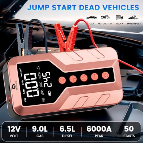 Jump Starter with Air Compressor for All-Terrain Vehicles, Light Pink, Lithium Ion, 12 Volts, 6000 Amps - color: Rose Gold