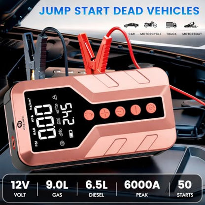 Jump Starter with Air Compressor for All-Terrain Vehicles, Light Pink, Lithium Ion, 12 Volts, 6000 Amps - color: Rose Gold