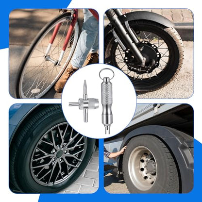 4 PCS Valve Stem Tool Keychain & 4-in-1 Tire Valve Core Removal Tool, Stainless Steel Portable Valves Core Disassembly and Repair Tools for Bicycle Car Motorcycle Repair Install Accessory