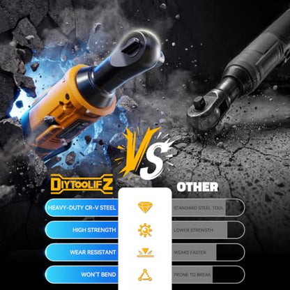 DIYtoolifz 3/8" Cordless Ratchet Wrench 95 ft-lbs with 13 pcs Socket set | Compatible with Dewalt 20V Battery, Variable Speed Electric Ratchet, 1/2" & 1/4" Adapters, and 3" Extension Bar, Tool Only