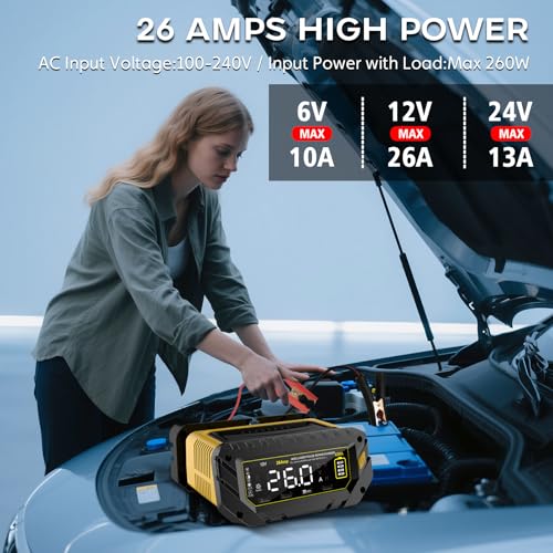 26-Amp Battery Charger for Lithium LiFePo4 Lead Acid Deep Cycle (AGM/Gel), 6V/12V/24V Battery Charger & Maintainer, Trickle Charger for Car Truck Motorcycle Lawn Mower Marine