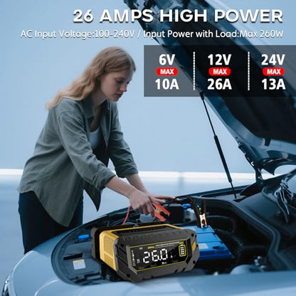 26-Amp Battery Charger for Lithium LiFePo4 Lead Acid Deep Cycle (AGM/Gel), 6V/12V/24V Battery Charger & Maintainer, Trickle Charger for Car Truck Motorcycle Lawn Mower Marine