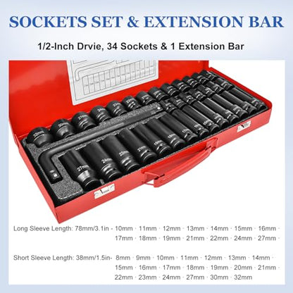 35pcs 1/2" Drive Deep Impact Socket Set, Axle Hub Nut 6-Point Metric 8-32mm CR-V Steel Heavy Duty Sockets Tool Set with L Shape Extension Breaker Bar for Vehicle Repair Maintainance (22508#) - style: 22508#