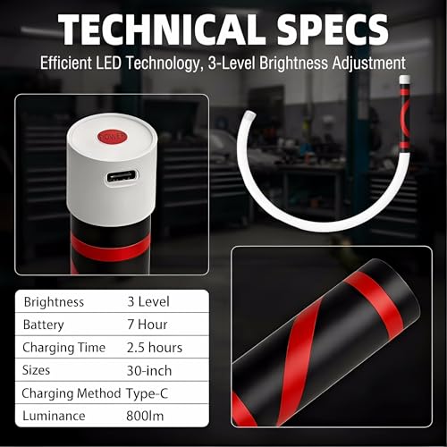 Flexible LED Flashlight Stick,27-Inch Rechargeable Mechanic Flashlight with 3 Brightness Modes & Hands-Free Positioning，Portable Inspection Light for Car Repair, Plumbing& Outdoor Use (Only)